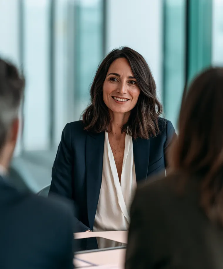Une responsable souriante en réunion : fidélisation des collaborateurs grâce à un programme d'avantages salariés